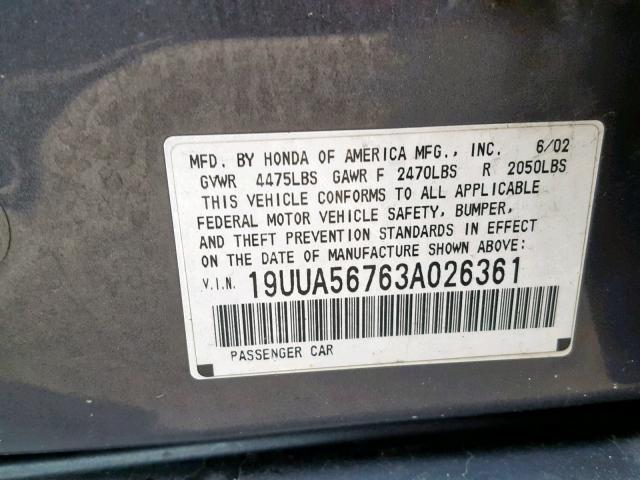 19UUA56763A026361 - 2003 ACURA 3.2TL GRAY photo 10