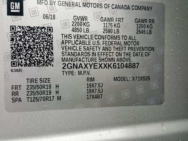 2GNAXYEXXK6104887 - 2019 CHEVROLET EQUINOX PR SILVER photo 10