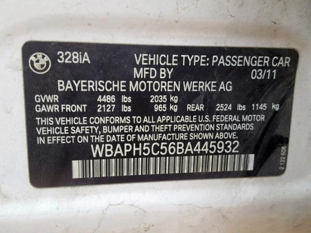 WBAPH5C56BA445932 - 2011 BMW 328 I SULE WHITE photo 10