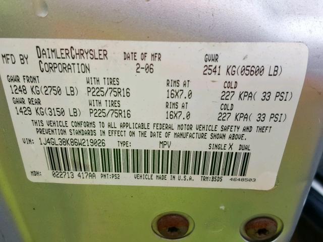 1J4GL38K86W219026 - 2006 JEEP LIBERTY RE SILVER photo 10