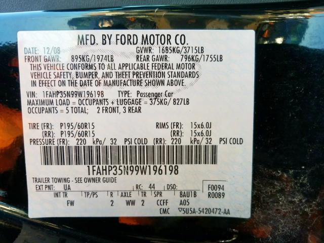 1FAHP35N99W196198 - 2009 FORD FOCUS SE  photo 10