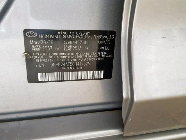 5NPE24AF5GH417525 - 2016 HYUNDAI SONATA SE SILVER photo 10