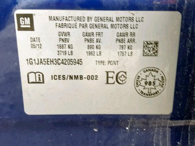 1G1JA5EH3C4205945 - 2012 CHEVROLET SONIC LS 蓝色 照片 10