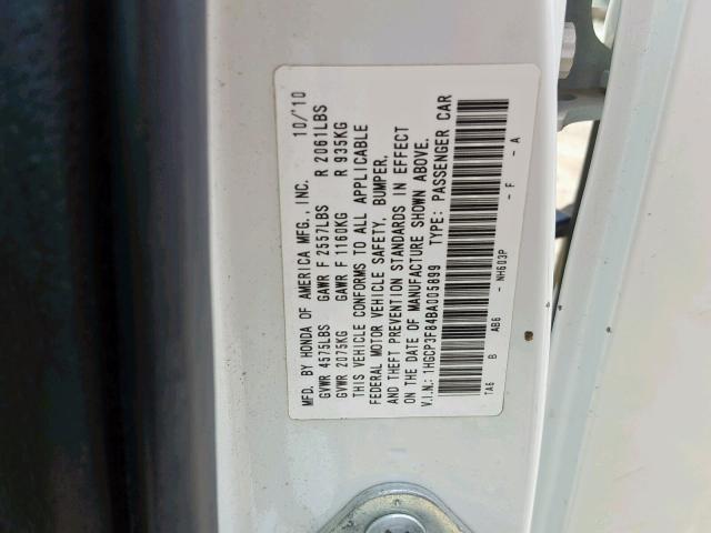 1HGCP3F84BA005899 - 2011 HONDA ACCORD EXL WHITE photo 10