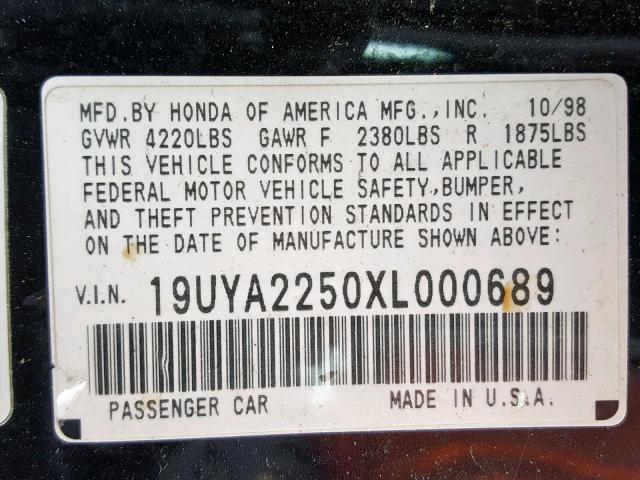 19UYA2250XL000689 - 1999 ACURA 3.0CL BLACK photo 10