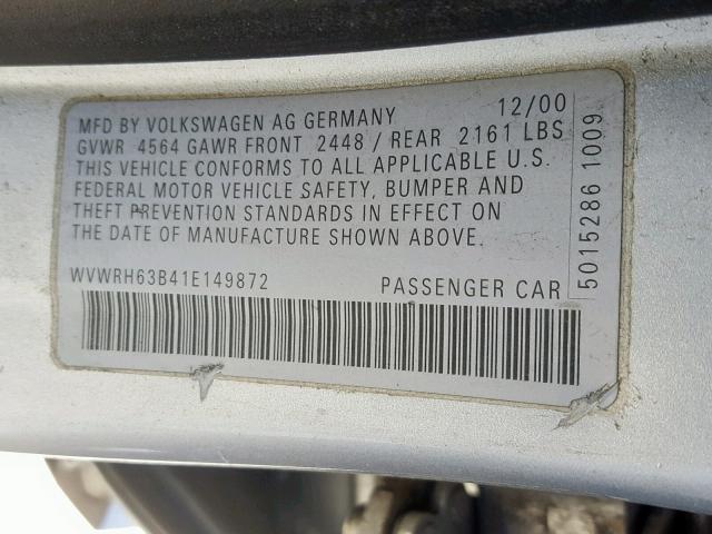 WVWRH63B41E149872 - 2001 VOLKSWAGEN PASSAT GLX GRAY photo 10