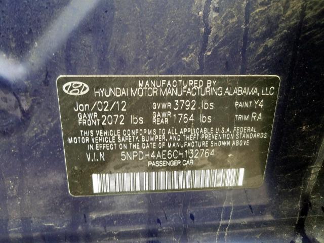 5NPDH4AE6CH132764 - 2012 HYUNDAI ELANTRA GLS  photo 10