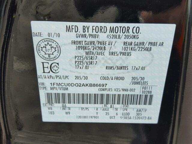 1FMCU0DG2AKB86697 - 2010 FORD ESCAPE XLT BLACK photo 10