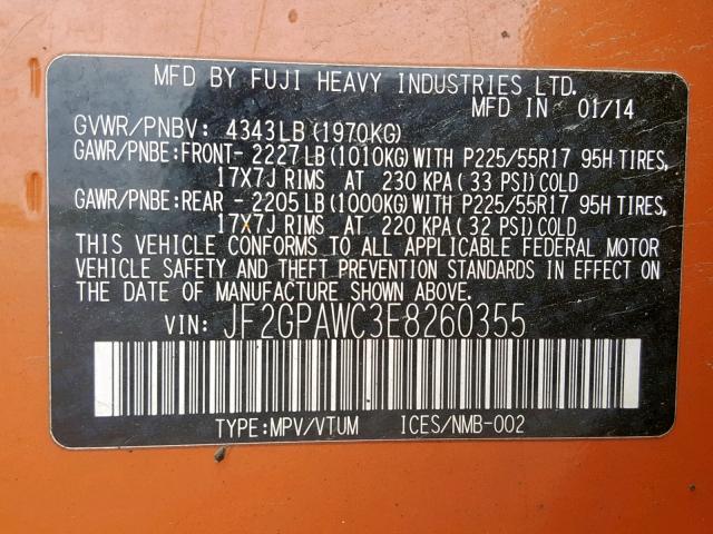 JF2GPAWC3E8260355 - 2014 SUBARU XV CROSSTR ORANGE photo 10