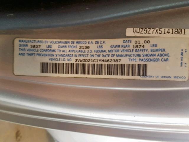 3VWDD21C1YM462387 - 2000 VOLKSWAGEN NEW BEETLE ვერცხლისფერი ფოტო 10