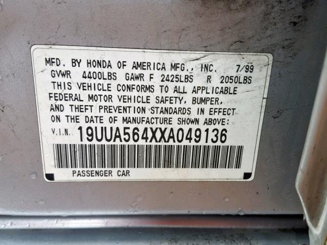 19UUA564XXA049136 - 1999 ACURA 3.2TL TAN photo 10