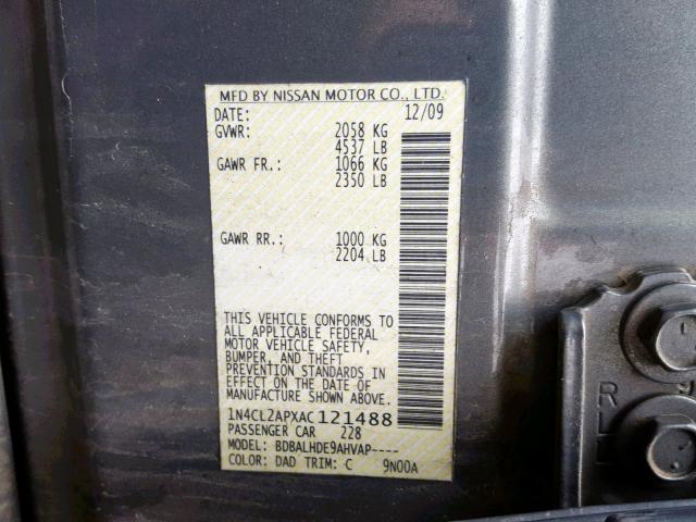 1N4CL2APXAC121488 - 2010 NISSAN ALTIMA HYB GRAY photo 10