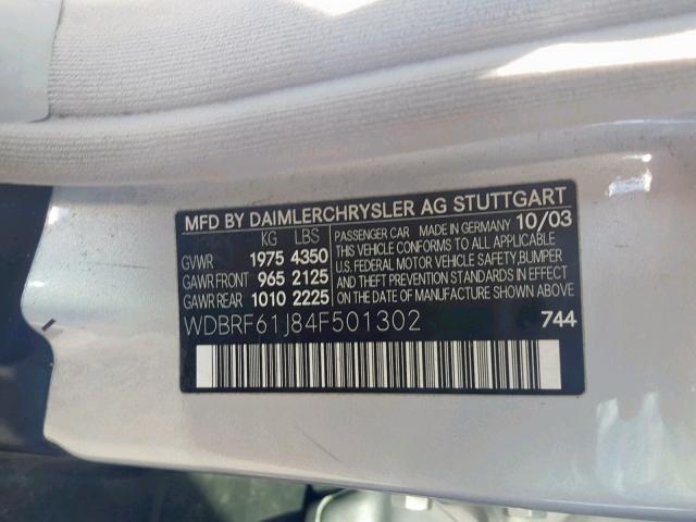 WDBRF61J84F501302 - 2004 MERCEDES-BENZ C 240 WHITE photo 10