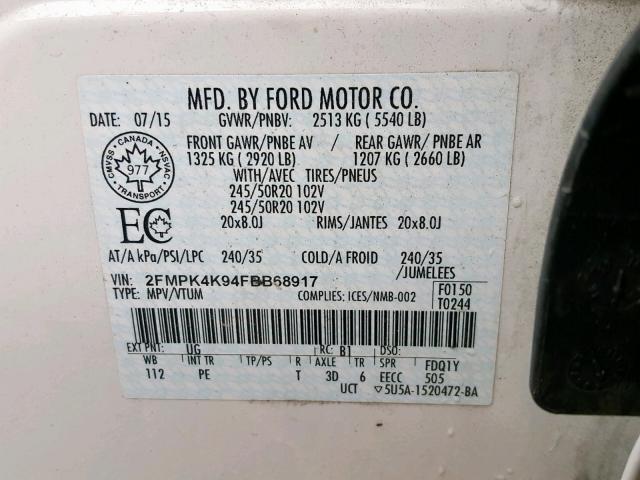 2FMPK4K94FBB68917 - 2015 FORD EDGE TITAN WHITE photo 10