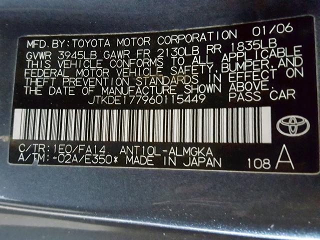 JTKDE177960115449 - 2006 TOYOTA SCION TC ლურჯი ფოტო 10