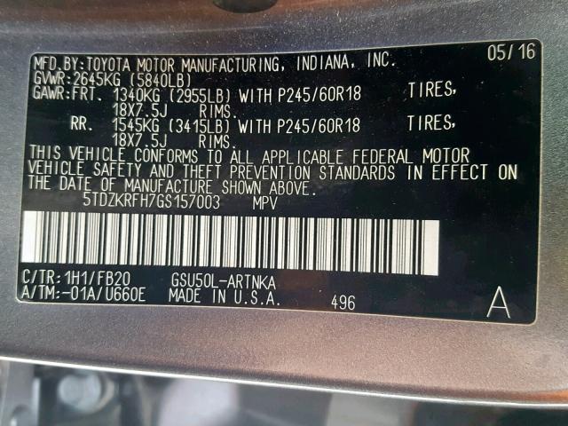 5TDZKRFH7GS157003 - 2016 TOYOTA HIGHLANDER GRAY photo 10