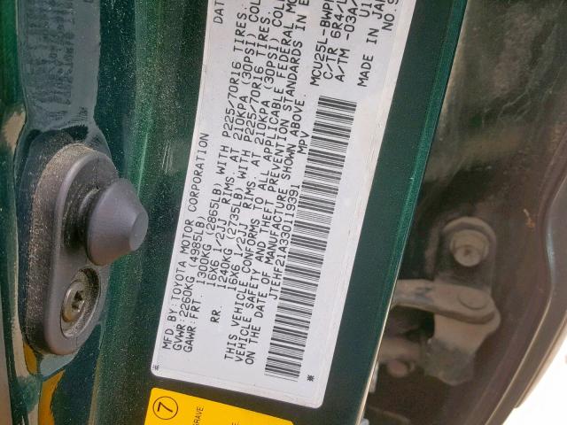 JTEHF21A330119391 - 2003 TOYOTA HIGHLANDER GREEN photo 10