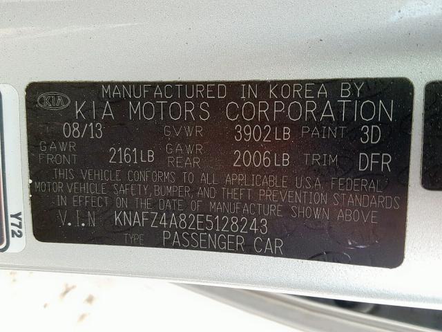 KNAFZ4A82E5128243 - 2014 KIA FORTE EX SILVER photo 10