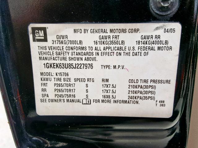 1GKEK63U85J227976 - 2005 GMC YUKON DENA BLACK photo 10