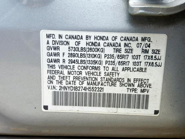 2HNYD18274H552321 - 2004 ACURA MDX SILVER photo 10