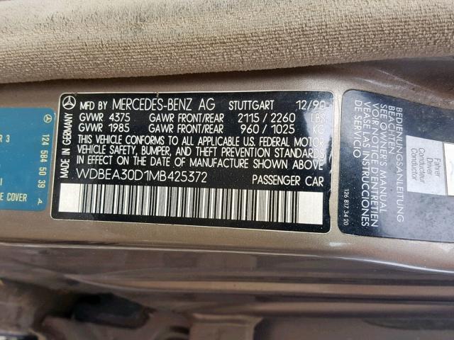 WDBEA30D1MB425372 - 1991 MERCEDES-BENZ 300 E TAN photo 10