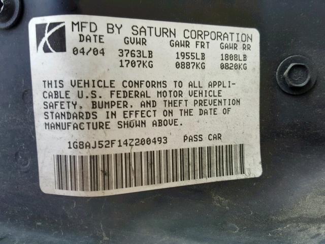 1G8AJ52F14Z200493 - 2004 SATURN ION LEVEL SILVER photo 10