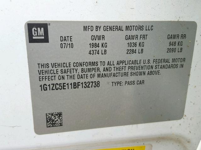 1G1ZC5E11BF132738 - 2011 CHEVROLET MALIBU 1LT WHITE photo 10