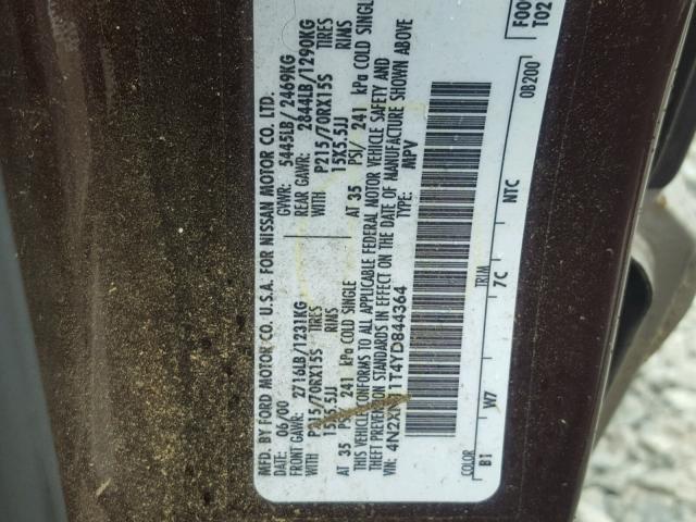 4N2XN11T4YD844364 - 2000 NISSAN QUEST SE BURGUNDY photo 10