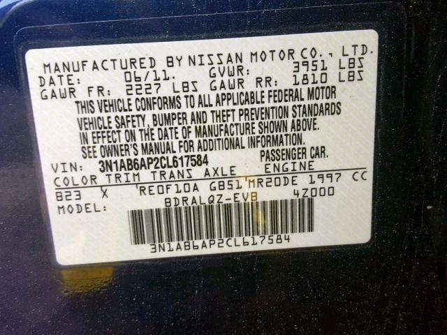 3N1AB6AP2CL617584 - 2012 NISSAN SENTRA 2.0 BLUE photo 10