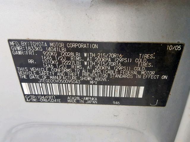 JTEGD20V050095043 - 2005 TOYOTA RAV4 SILVER photo 10