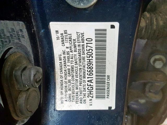 2HGFA16689H505710 - 2009 HONDA CIVIC LX-S Mavi foto 10