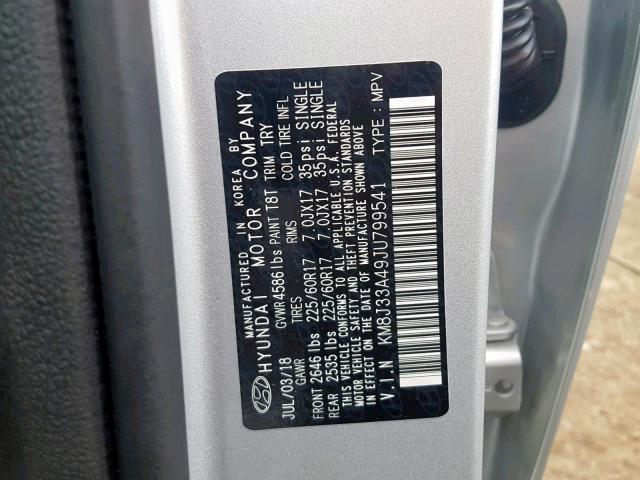 KM8J33A49JU799541 - 2018 HYUNDAI TUCSON SEL SILVER photo 10