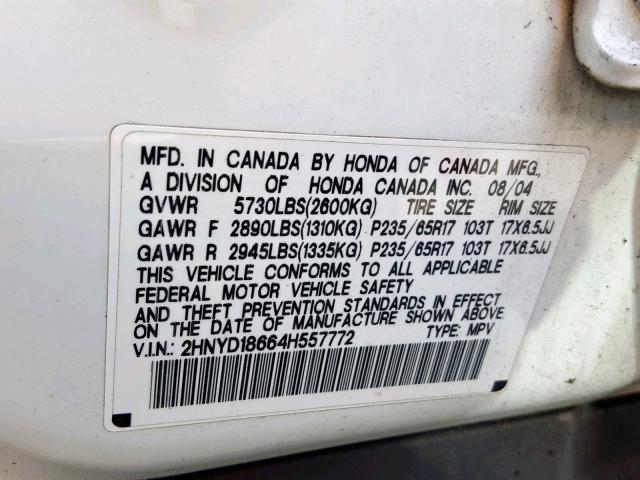 2HNYD18664H557772 - 2004 ACURA MDX TOURIN WHITE photo 10