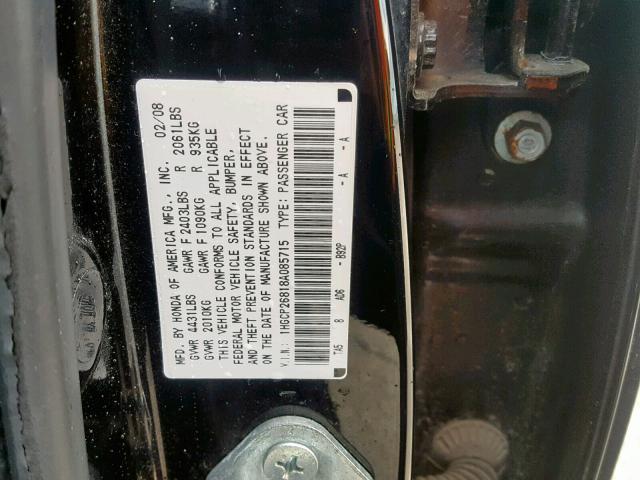 1HGCP26818A085715 - 2008 HONDA ACCORD EXL BLACK photo 10