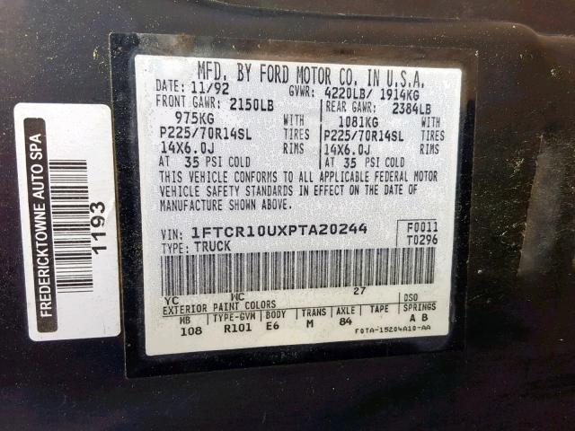 1FTCR10UXPTA20244 - 1993 FORD RANGER GRAY photo 10