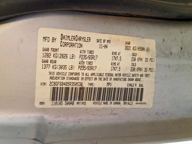 2C8GF68485R350530 - 2005 CHRYSLER PACIFICA T SILVER photo 10