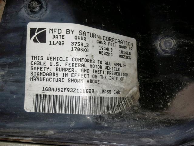 1G8AJ52F93Z116629 - 2003 SATURN ION LEVEL GOLD photo 10