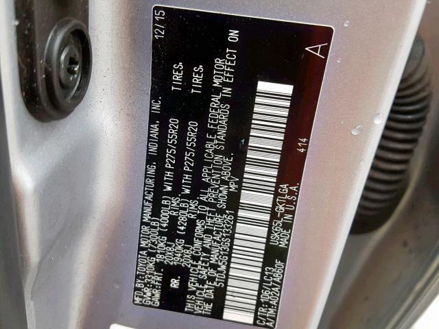 5TDJW5G13GS133261 - 2016 TOYOTA SEQUOIA LI SILVER photo 10