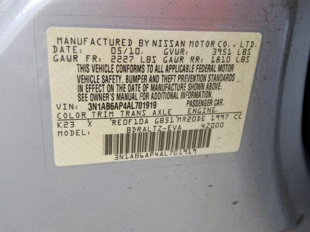 3N1AB6AP4AL701919 - 2010 NISSAN SENTRA 2.0 SILVER photo 10