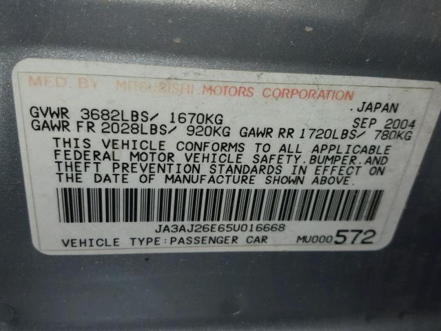 JA3AJ26E65U016668 - 2005 MITSUBISHI LANCER ES SILVER photo 10