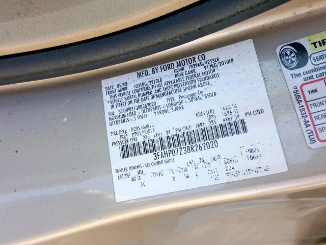 3FAHP07Z38R262020 - 2008 FORD FUSION SE GOLD photo 10