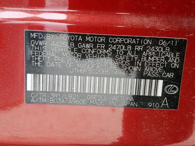 JTHBF5C20B5149417 - 2011 LEXUS IS 250 RED photo 10