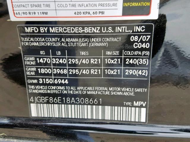 4JGBF86E18A308661 - 2008 MERCEDES-BENZ GL 550 4MA BLACK photo 10