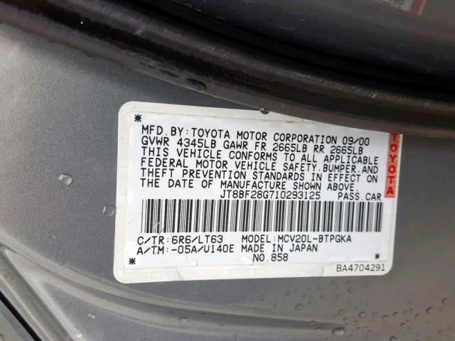 JT8BF28G710293125 - 2001 LEXUS ES 300 GRAY photo 10