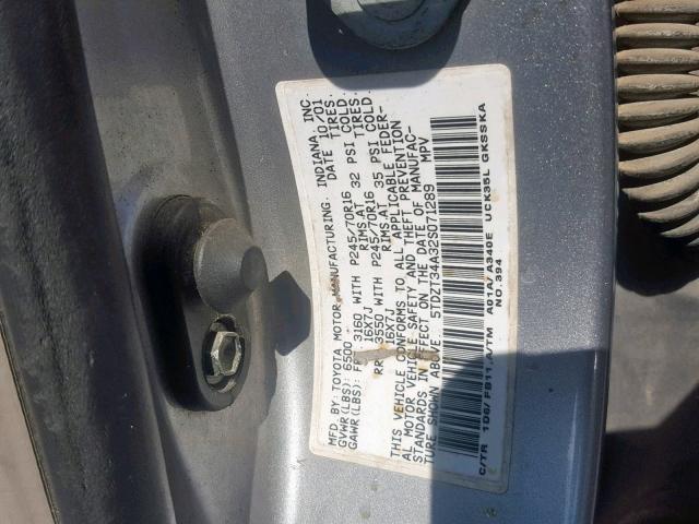 5TDZT34A32S071289 - 2002 TOYOTA SEQUOIA SR SILVER photo 10