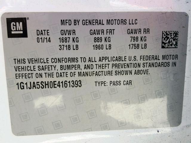 1G1JA5SH0E4161393 - 2014 CHEVROLET SONIC LS 白色 照片 10