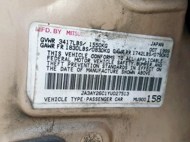 JA3AY26C1YU027513 - 2000 MITSUBISHI MIRAGE DE GOLD photo 10