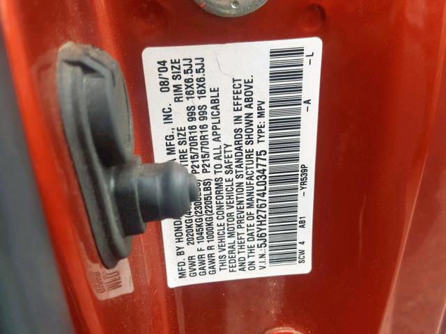 5J6YH27674L034775 - 2004 HONDA ELEMENT EX ORANGE photo 10