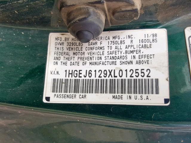 1HGEJ6129XL012552 - 1999 HONDA CIVIC DX GREEN photo 10