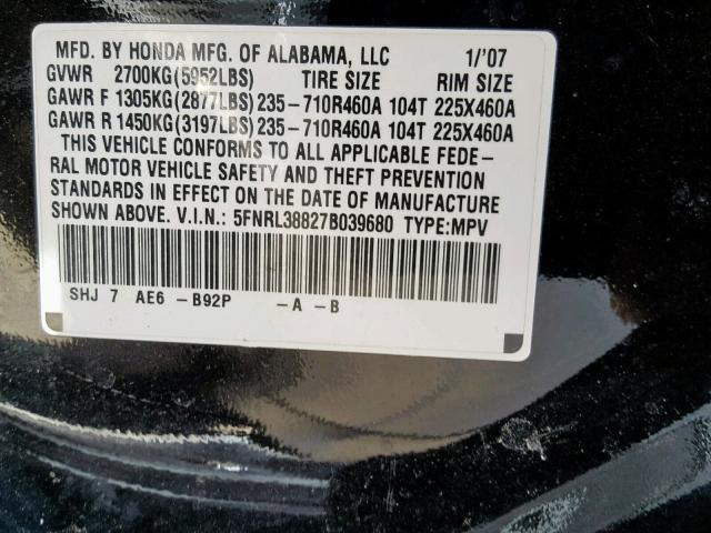 5FNRL38827B039680 - 2007 HONDA ODYSSEY TO BLACK photo 10